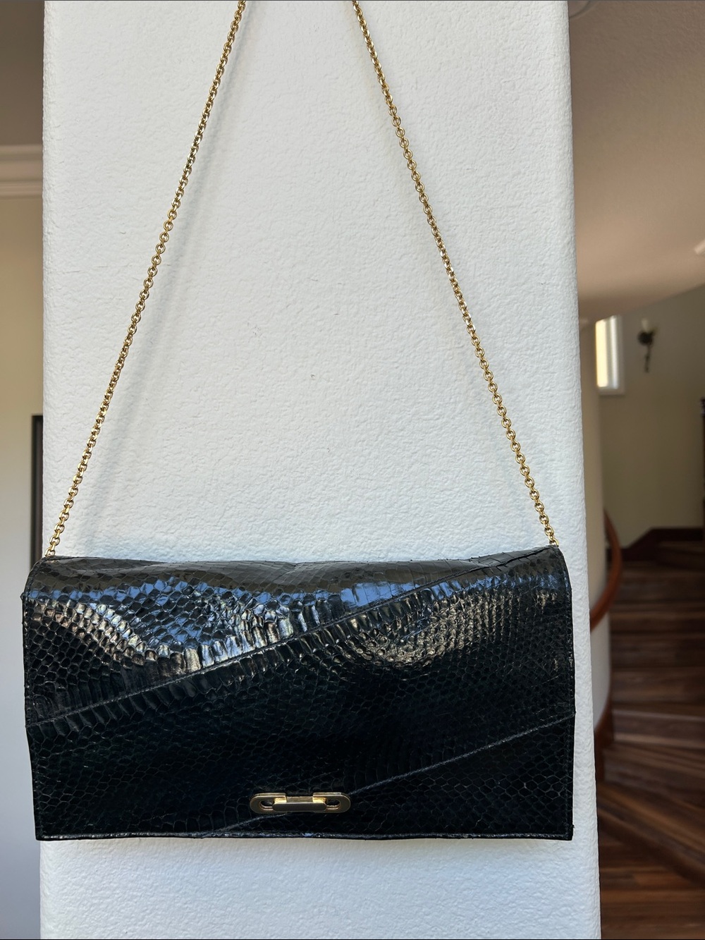 Black Snakeskin textured Chain Shoulder Bag